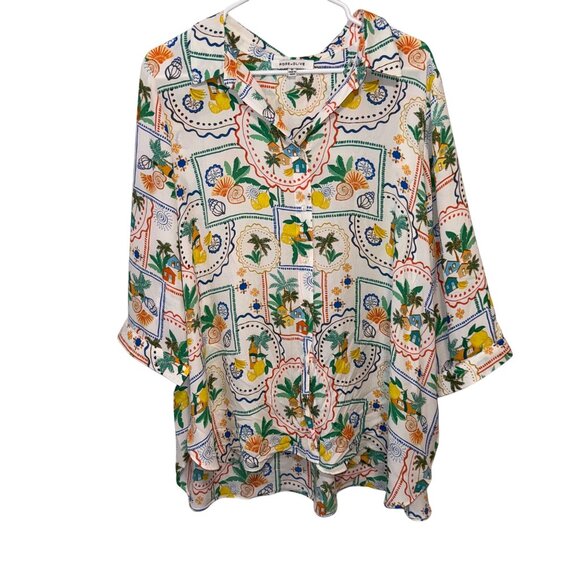 Rose +Olive Womens Tropical Print Button Down With 3/4 Sleeves & Tie Option - Picture 1 of 6